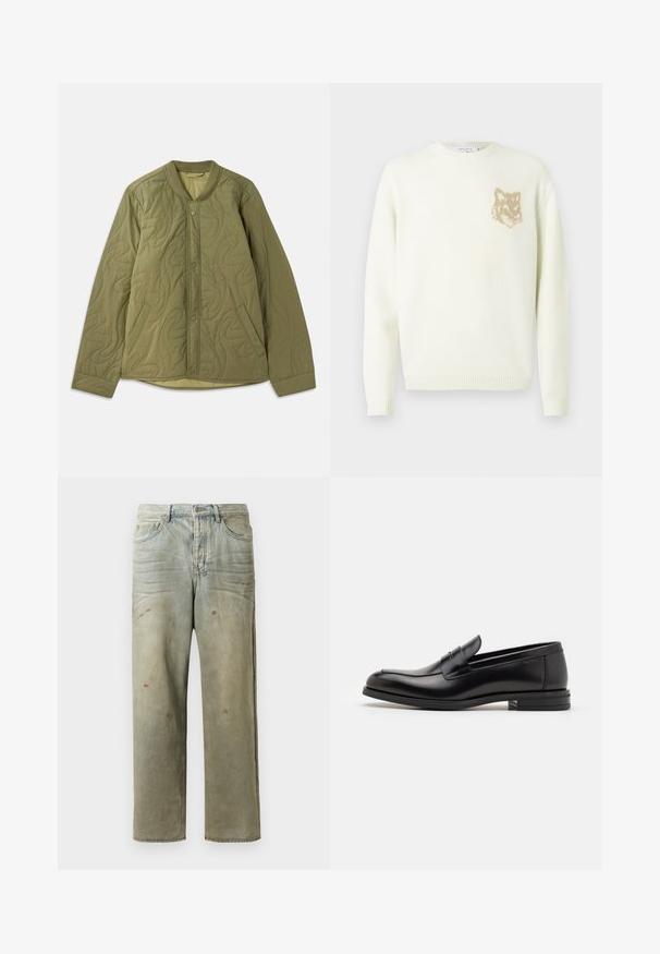 Kaštoninė alyvuogių žalia striukė su apvaliu iškirpimu, mygtukų užsegimu priekyje, dviem šoniniais kišenėmis ir tekstūriniu bangų raštu.; Grietos spalvos megztinis su ilgomis rankovėmis ir mažo smėlio šviesumo lapės galvos grafika ant kairiojo krūtinės, su raibais rankogaliais ir apatine dalimi.; Šviesiai žaliai nuvarytos džinsinės kelnes, su tiesiomis kojomis, penkių kišenių dizainu, nelygiai blukščiantis ir su dažų lašeliais.; Juodos odinės loafers, turinčios lygų paviršių, apvalią noselę ir dekoratyvinę juostą per priekinę dalį. Žemas krentantis kulnas, minimalistinis dizainas.