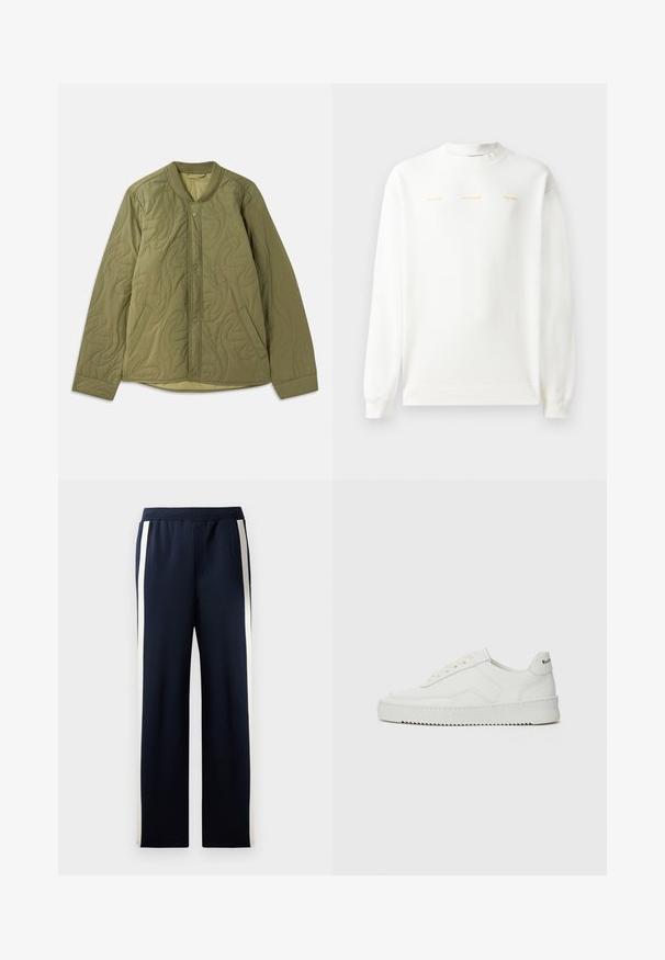 Quilted olive green jacket with a round neckline, snap front closure, two side pockets, and textured wavy pattern.; White sweatshirt with round neck, long sleeves, and ribbed cuffs. Features gold printed text across the chest: "HZW (25-26) HOLZWEILER THE SUN."; Navy sweatpants with a wide leg design, featuring vertical cream stripes along the sides. Made from soft, textured fabric with an elastic waistband.; White leather sneaker with a smooth finish, round toe, flat laces, and a textured sole. Features a subtle logo on the heel.