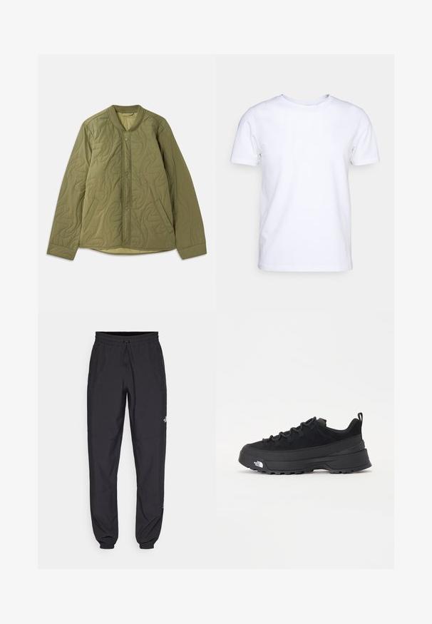 Jachetă verde măslinie matlasată, cu guler rotund, închidere prin capse în față, două buzunare laterale și model texturat în valuri.; Tricou alb cu mânecă scurtă din material de bumbac, cu guler rotund. Design simplu, fără tipare sau accente. Textură netedă.; Pantaloni atletici negri, confecționați dintr-un material ușor, cu un tiv elastic la talie, buzunare laterale și tivuri ajustate la gleznă.; Tenisi de exterior negri cu superior din daim, talpă din cauciuc texturat și sistem de șireturi solid. Prezintă un călcâi întărit și un logo al mărcii pe lateral.