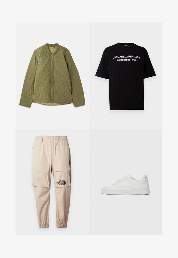 Gequiltede olijfgroene jas met een ronde halslijn, drukknopen aan de voorkant, twee zijzakken en een textuur met golvende patronen.; Zwarte katoenen t-shirt met korte mouwen en een ronde hals, met op de voorkant witte tekst: "DSQUARED2 HERITAGE Established 1995".; Beige cargopantalon van lichtgewicht stof, met een elastische tailleband, ritszakken en een bedrukte logo op het linkerbeen.; Witte leren sneaker met een gladde afwerking, ronde neus, platte veters en een gestructureerde zool. Kenmerkt zich door een subtiel logo op de hiel.
