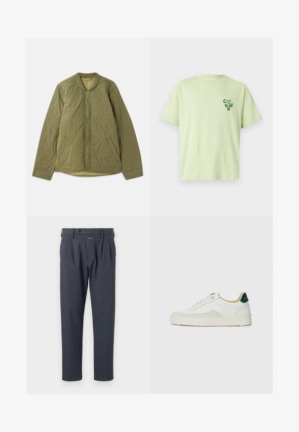 Jakna iz olivno zelene barve, prešita in z okroglim ovratnikom, z zaponkami spredaj, dvema stranskima žepoma in teksturno valovito vzorcem.; Svetlozelena majica kratkih rukava od bombaža, s grafikom kaktusa in besedo "CLOSED" v črni barvi blizu levega prsnega dela.; Temno sive hlače z naravnim krojem, z gubami spredaj in gumbnim zapiranjem, narejene iz gladkega, lahkega materiala.; Bela trenerka z zaključki iz semiša, okroglo konico, ravne vezalke in kremna gumijasta podplata. Ima zeleno blagovno znamko na peti.