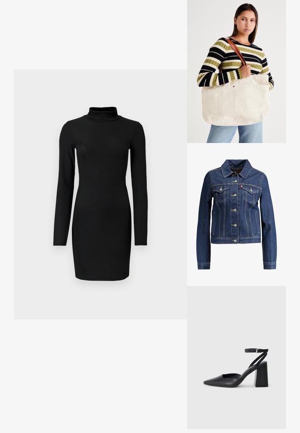 Mørkeblå denimjakke med krave, knapfront og to brystlommer. Har gul syning og et cropped design.; Sort ribbet langærmet kjole med høj hals, tætsiddende silhuet og glat tekstur. Længden er til midten af låret, og der er ingen synlige mønstre eller accenter.; Sort læder spidse pumps med ankelrem og en chunky hæl. Flad tekstur, slankt design og minimalistisk æstetik.; Stor beige canvas tote bag med brune læderstropper, der har et minimalistisk design og synlige syninger.