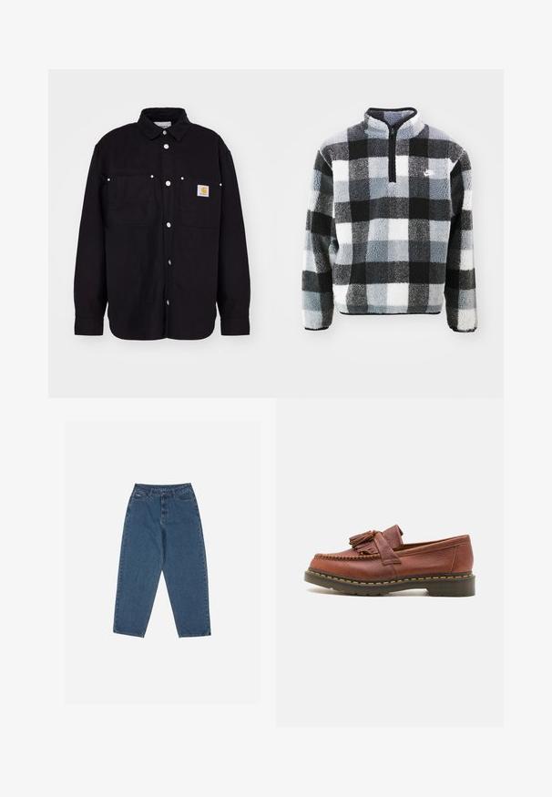 Carhartt WIP WALTER SHIRT SULLIVAN - Lehká bunda - black; Fleeceová mikina s půlzipem, která má vzor v černé, bílé a šedé kostce, texturovaný povrch a malé logo na hrudi.; Tři jednoduché bílé bavlněné trička s krátkým rukávem. Každé tričko má kulatý výstřih a malou černou štítkovou nášivku na levé straně.; Modré džíny z denimu s volným střihem, vysokým pasem, pěticí kapsami a akcenty prošití. Mají zapínání na knoflík a zip.; Hnědá kožená mokasína s třásňovými akcenty, texturovaným povrchem a kontrastním žlutým prošíváním podél černé gumové podrážky. Boční pohled.