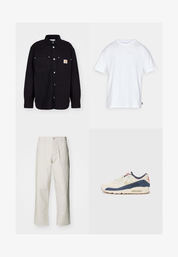 Carhartt WIP WALTER SHIRT SULLIVAN - Leichte Jacke - black; Weißes Baumwoll-T-Shirt mit kurzen Ärmeln und Rundhalsausschnitt. Verfügt über ein kleines, dezentes Nike-Logo auf der Brust und ein seitliches Etikett.; Helle beige weit geschnittene Hose aus Baumwolle. Verfügt über Fronttaschen und einen Knopfverschluss. Glatte Textur mit dezenten vertikalen Streifen.; Sneaker mit einem Obermaterial aus cremefarbenem Leder und marineblauem Wildleder, sichtbar luftgefüllter Sohle, beiger Gummisohle und rotem Akzent an der Ferse.