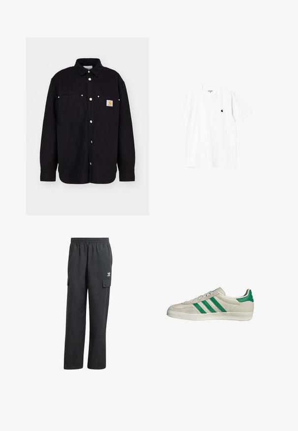 Carhartt WIP WALTER SHIRT SULLIVAN - Giacca leggera - black; T-shirt bianca in cotone con maniche corte, colletto rotondo e un piccolo logo nero sul lato sinistro del petto. Tessuto morbido e vestibilità standard.; Pantaloni cargo neri con un elastico in vita, due tasche laterali e un logo discreto sulla coscia sinistra. Realizzati in un tessuto leggero.; Sneaker beige con strisce verdi, con suola bianca e tomaia in pelle liscia. Vista laterale che evidenzia i dettagli dei lacci e il logo.