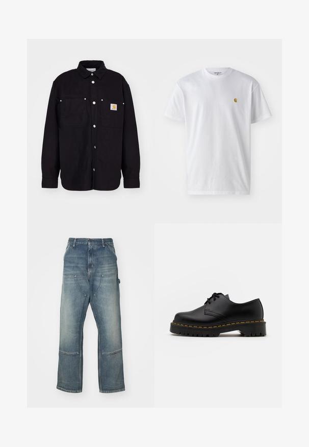 Carhartt WIP WALTER SHIRT SULLIVAN - Lichte jas - black; Witte katoenen t-shirt met korte mouwen en ronde hals, voorzien van een klein gouden logo op de linkerkant van de borst. Zachte textuur en een normale pasvorm.; Lichtblauwe jeans met een relaxte pasvorm, gemaakt van denim. Heeft wijde broekspijpen, grote voorkruiszakken en contrasterende stikdetails.; Zwarte leren veterschoen met een ronde neus, getextureerde rubberen zool en gele stiksels rond de basis. Plat ontwerp en een gladde afwerking.
