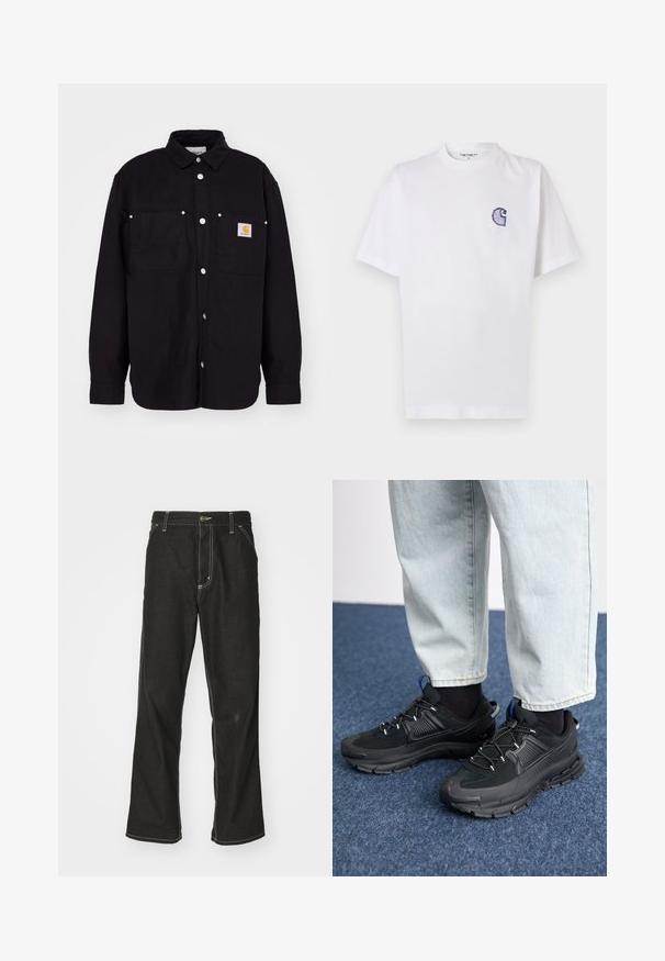 Carhartt WIP WALTER SHIRT SULLIVAN - Letná bunda - black; Biele bavlnené tričko s krátkymi rukávmi, okrúhlym výstrihom a malým vyšivaným modrým logom "C" na ľavej strane hrudníka.; Čierne denimové nohavice s voľným strihom, s kontrastným bielym prešívaním, uzáverom na gombík a rovnými nohavicami.; Čierne športové topánky s textúrovanou tkaninou a gumovou podrážkou, so elastickými šnúrkami a modrým akcentom na päte. Nosia sa s svetlými riflami.