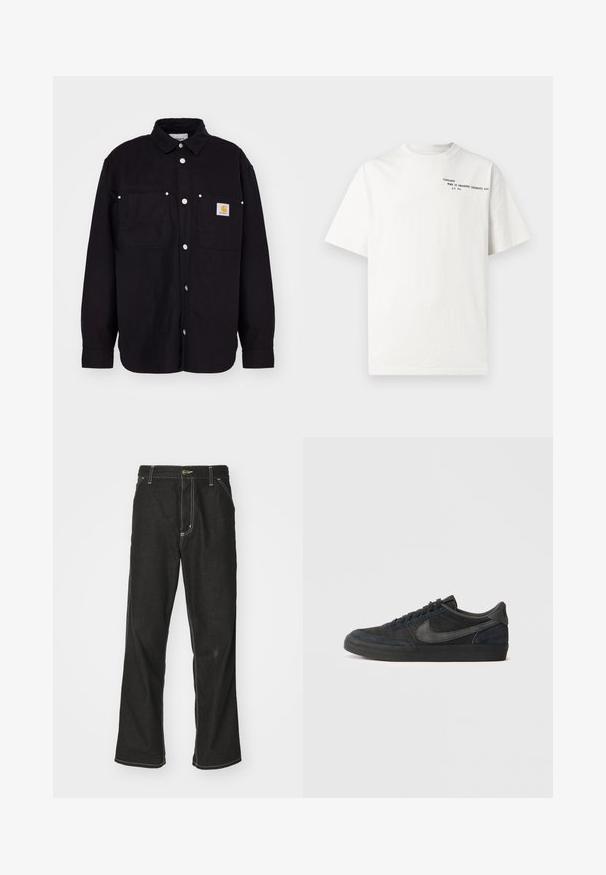 Carhartt WIP WALTER SHIRT SULLIVAN - Summer jacket - black; White cotton t-shirt with short sleeves, crew neckline, and black printed text on the chest reading "Carhartt Work in Progress 1989."; Black denim jeans with a loose fit, featuring contrasting white stitching, a button closure, and a straight leg design.; Black suede sneakers with a low profile, rubber outsole, textured side panels, and tonal Nike swoosh logo. Laced front, cushioned collar.