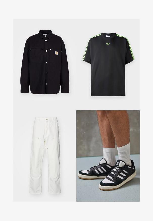 Carhartt WIP WALTER SHIRT SULLIVAN - Poletna jakna - black; Črna majica iz gladkega materiala s krožnim izrezom, na ramenih pa ima tri zelene črte in majhen zelen logotip na prsih.; Bela bombažna cargo hlače z udobnim krojem. Značilnosti vključujejo sprednje žepe, zlato poudarjeno kovinsko opremo in ojačane kolenske dele.; Črno-bele superge z zgornjim delom iz usnja in nubuka, ki imajo tri bele črte, perforiran vrh prstov in podplat iz gume.