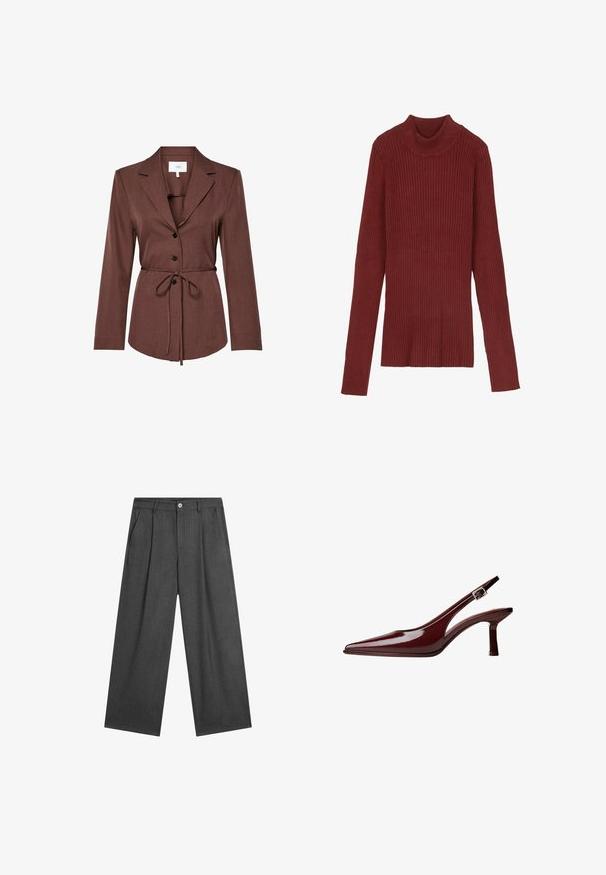 Bruine op maat gemaakte blazer met notch-lapels, drie zwarte knopen aan de voorkant en een dunne zelfstrikriem in de taille.; Gestreepte, kastanjebruine coltrui met lange mouwen en een aansluitende pasvorm. Zachte textuur, minimalistisch ontwerp en geen zichtbare hardware.; Donkergrijze, ruime broek met subtiele streepjes, plooien aan de voorkant en een enkele knoopsluiting bij de taille.; Bordeaux patenten leren slingback pump met spitse neus, mid-height kittenhak en zilveren gesp op witte achtergrond.