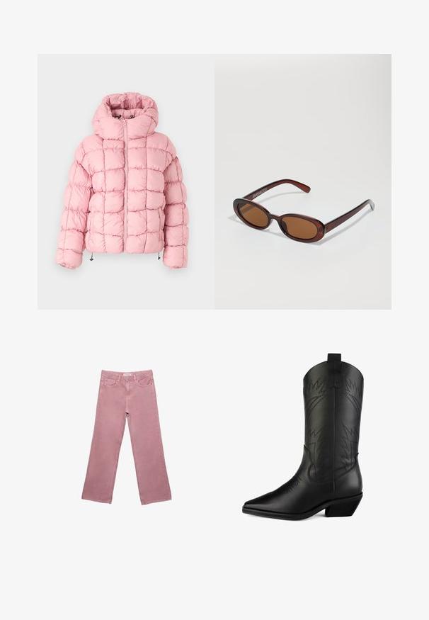 Roza puhovka s kapuco, z značilnim pikastim vzorcem, elastičnimi manšetami in sprednjim zadrgo. Narejena iz lahkega, izolativnega materiala.; Krem pulover iz pletenine z dolgimi rokavi, detajlom na ovratniku v obliki rute in sivimi všitki na ovratniku ter manšetah.; Roza široka jeans hlače iz denima, z visokim pasom, sprednjimi žepi in subtilnimi šivi. Gladka tekstura brez vzorcev.; Črne usnjene kavbojke z izostrenim nosom, ukrivljenim steblom, okrasnim šivanjem in nizkim blokastim peto. Imajo zanke za enostavno obuvanje.; Okrogle, rjavo obarvane sončne naočare z sijočim burgundskim okvirjem. Tanek nosilec s subtilnim logotipom. Oblika leč je ravna.