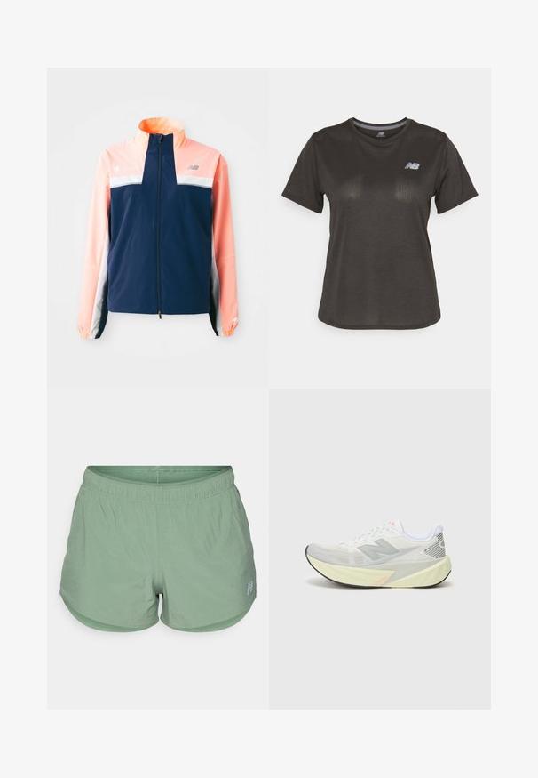 Navy and coral windbreaker jacket with a high collar, front zipper, white horizontal stripe, and elastic cuffs. Reflective logo accents.; Black athletic t-shirt with short sleeves, made from lightweight fabric. Features a subtle textured pattern and a small white logo on the chest.; Light green athletic shorts made of breathable fabric, featuring an elastic waistband, a relaxed fit, and small ventilation holes throughout.; Lightweight running shoe with a grey and white mesh upper, a prominent 'N' logo, and a yellow midsole with angled accents. Black outsole.
