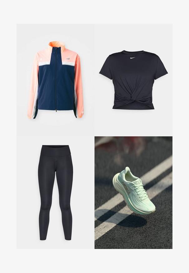 Námořnická a korálová větrovka s vysokým límcem, předním zipem, bílým horizontálním pruhem a elastickými manžetami. Reflexní logo jako akcent.; Černé sportovní tričko vyrobené z hladkého materiálu, s uzlovým designem vpředu a malým bílým logem Nike na hrudi.; Černé legíny vyrobené z hladké, elastické tkaniny. Vysoký pas bez viditelných vzorů nebo akcentů. Těsně přiléhají od pasu k kotníkům.; Běžecká obuv HOKA v světle mátově zelené barvě, s texturovaným síťovaným svrškem, kulatou špičkou, polstrovanou podrážkou a výrazným logem na boku.