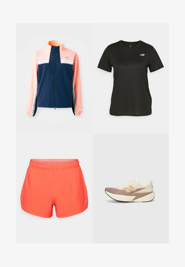 Námornícky a koralový vetrovka s vysokým golierom, predným zipsom, bielym horizontálnym pruhom a elastickými manžetami. Reflexné akcenty s logom.; Čierne tričko s krátkym rukávom vyrobené z hladkej látky, s okrúhlym výstrihom a reflexným bielym logom na ľavej hrudi.; Pánske bežecké šortky v jasnej koralovej farbe, vyrobené z priedušného materiálu s perforovanou textúrou. Majú elastický pás a modrý logo akcent.; Bežecká obuv s krémovým horným dielom, s ružovými akcentmi a šedými detailmi. Má hrubú podrážku s textúrovaným povrchom a výrazným logom.