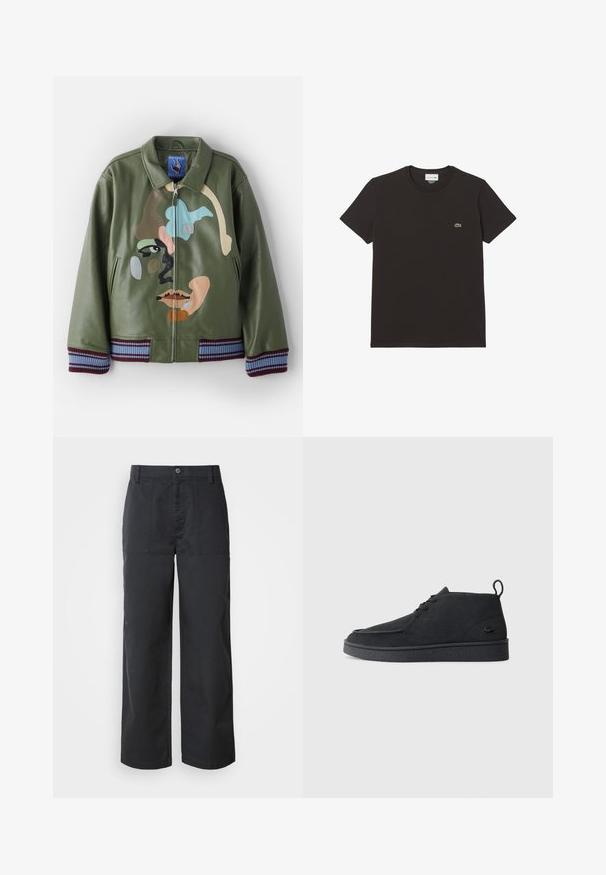 Grön läder bomberjacka med en färgglad ansiktsdesign, dragkedja fram, två sidofickor och randiga ribbade ärmar och krok.; Svart bomullströja med korta ärmar och rund halsringning. Har en liten grön Lacoste-krokodil-logotyp på bröstet. Slät textur.; Byxor med vida ben i mörkblå bomullstyg, med framfickor och knappstängning. Slät textur med minimalistisk design.; Svart mocka snörning ankle boot med dragtab och strukturerad sula, med en liten präglad krokodil-logotyp på sidan.