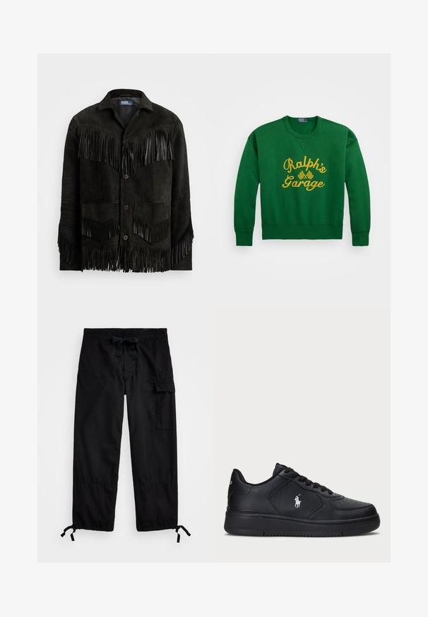 Melna zamšādas jaka ar ādas frēzēm ap krūtīm un piedurknēm, ar divām priekšējām kabatām un pogu aizdari.; Zaļš sporta krekls ar noapaļotu kakla izgriezumu, ar dzelteniem izšūtiem uzrakstiem "Ralph’s Garage" un šaha karoga detaļām. Izgatavots no kokvilnas maisījuma materiāla.; Melni kravas bikses ar elastīgu jostasvietu un auklu. Iekļauj sānu kabatas un regulējamus garumus ar cilpām. Izgatavotas no viegla auduma.; Melni ādas sporta apavi ar perforētu dizainu, plakanu auklu aizdari un baltu izšūtu logotipu sānos. Resna melna gumijas zole.