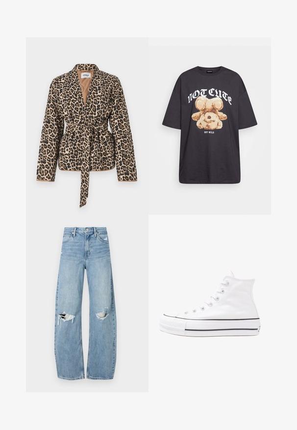 Jakna z vzorcem leoparda je izdelana iz mehkega materiala, ima dolge rokave, pas na pasu in globok V-izrez.; Črna oversized majica s kratkimi rokavi, na kateri je grafika medveda z besedilom „NI SRČKAN VKLJUČNO Z DIVJIM“ v poudarjenem belem tisku. Material: bombaž.; Svijetloplave traperice visoki struk. Imaju široke nogavice, dva poderana područja na koljenima i klasičan petotoksi stil.; Beli visoki platneni športni čevelj z črnim gumijastim podplatom, sprednjim gumijastim zaščitnikom za prste in šestimi luknjicami za vezalke, ki se ponaša s preprostim, minimalističnim dizajnom.