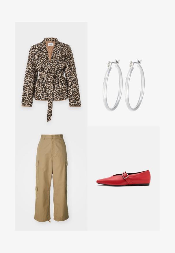 Jakna s životinjskim uzorkom leoparda izrađena od mekog materijala, s dugim rukavima, remenom u struku i dubokim V-izrezom.; Dvije bijele pamučne majice kratkih rukava, s okruglim izrezima i uskim krojem, s glatkom teksturom i minimalističkim dizajnom.; Bež cargo hlače visokog struka, širokih nogavica i četiri velika bočna džepa. Napravljene su od izdržljivog materijala s glatkom teksturom i minimalnim detaljima.; Crvene kožne ravne cipele sa špicastim vrhom, koje imaju bočnu traku s metalnom kopčom i nizak crni potplat. Glatka tekstura kroz cijelu cipelu.; Srebrne kružne naušnice s glatkom, poliranom površinom. Okrugli oblik i sigurno kopčanje na klik. Lagani dizajn pogodan za svakodnevno nošenje.