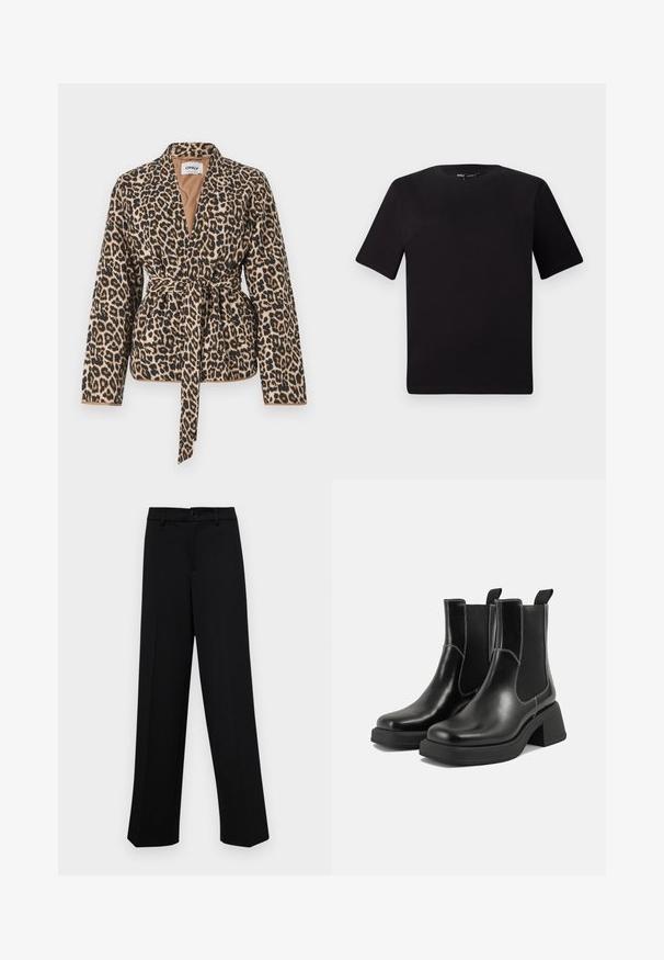 Leopárdmintás, puha anyagból készült stóla, hosszú ujjal, derékban övvel és mély V kivágással.; Fekete, rövid ujjú póló, kerek nyakkal, puha pamutból készült. Egyszerű dizájn, nincs látható logó vagy minta.; Fekete, széles szárú nadrág sima anyagból, klasszikus derékrésszel, gombzárral és elülső redőkkel.; Fekete bőr Chelsea csizmák masszív sarkakkal, rugalmas oldalsó panelekkel és kontrasztos fehér varrással. Texturált felület.