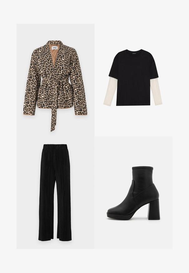 Kurtka w leopardzi wzór z miękkiego materiału, z długimi rękawami, paskiem w talii i głębokim dekoltem w kształcie litery V.; Czarny T-shirt wykonany z bawełny, z krótkimi rękawami na białej warstwie z długim rękawem z delikatnym teksturowanym wzorem. Projekt z okrągłym dekoltem.; Czarne spodnie plisowane z elastycznym paskiem w talii. Posiadają szerokie nogawki oraz gładki, teksturowany materiał z pionowymi paskami.; Czarny skórzany boot ankle z wysokim blokowym obcasem, gładką teksturą i dopasowaną cholewką. Oferuje bezszwowy design bez widocznych zapięć.