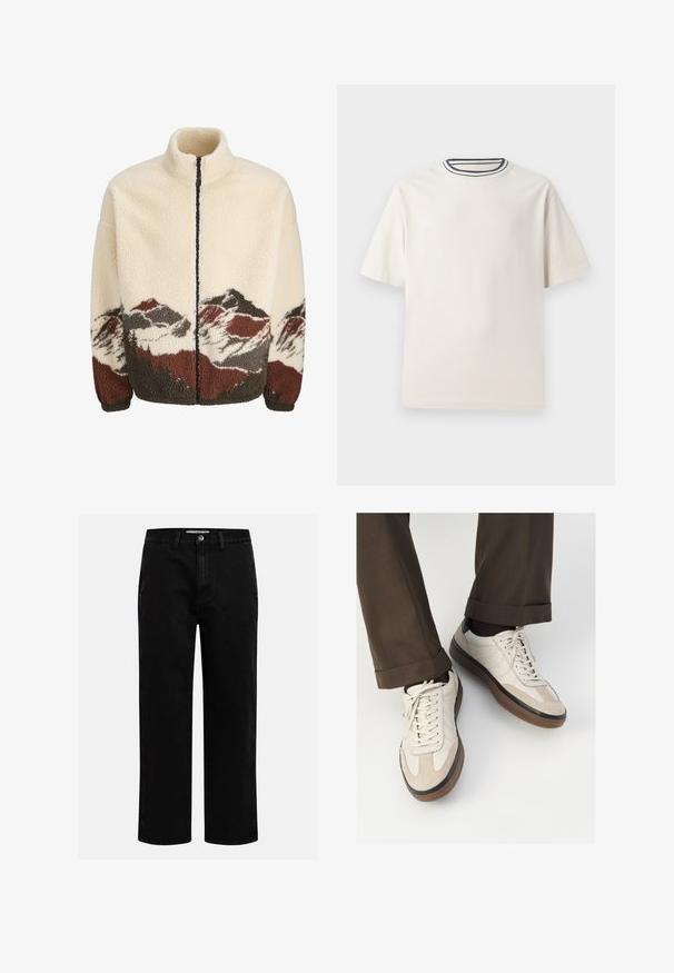 Casaco de fleece em tom creme com colarinho alto e fecho de correr. Apresenta um padrão de paisagem montanhosa em castanho, cinza e vermelho na barra.; T-shirt de algodão em cor creme com mangas curtas, apresentando um decote redondo realçado por listras em azul-marinho e branco. Textura suave, corte descontraído.; Calças de ganga pretas com corte reto, design clássico de cinco bolsos e fecho de botão na cintura. Textura suave e tecido durável.; Tênis bege com frente em camurça texturizada, lados em couro liso e sola em borracha marrom. Inclui cadarços e detalhes de costura clara.