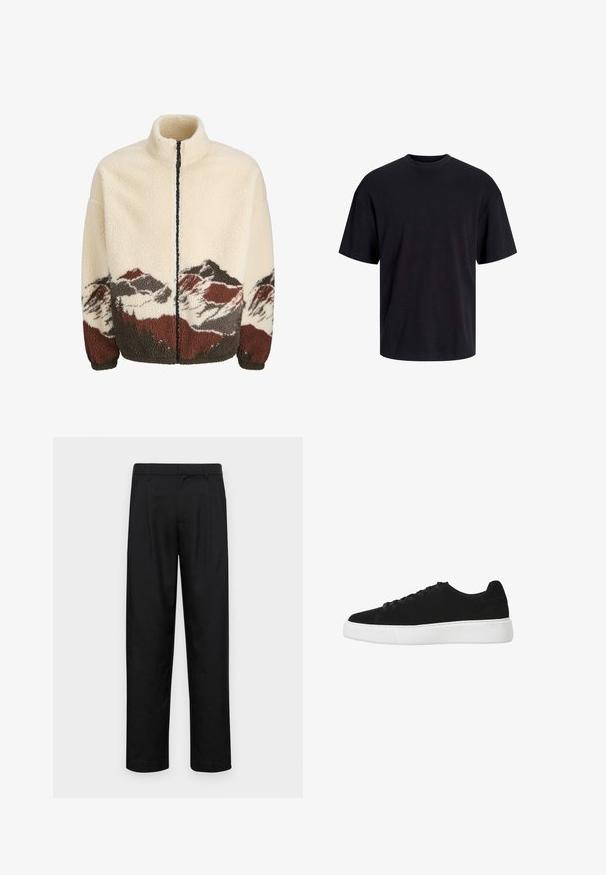 Fleecejacke in cremiger Farbe mit hohem Kragen und durchgehendem Reißverschluss. Verfügt über ein Berglandschaftsmuster in Braun, Grau und Rot am Saum.; Schwarzes Baumwoll-T-Shirt mit Rundhalsausschnitt, kurzen Ärmeln und lässiger Passform. Glatte Oberflächenstruktur und keine sichtbaren Muster oder Akzente.; Schwarze Hose aus glattem Stoff, mit geradem Bein Design, zwei vorderen Falten und einem Standardbund mit Gürtelschlaufen.; Schwarze Wildledersneaker mit runder Zehenpartie, schnürbarem Vorderteil und weißer Gummisohle. Einfaches Design mit minimalen Akzenten und glatter Textur.