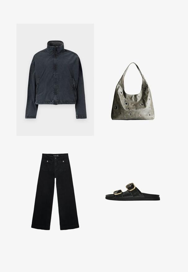 Črn krajši jopič iz mehkega, gladkega materiala, z visokim ovratnikom, sprednjim zadrgo in stranskimi žepi s subtilnimi šivi.; Temno siva dolga majica z dolgimi rokavi, izdelana iz bombažnega vlakna. Ima kvadratno obliko, okrogel izrez in spuščene ramena, z vidnimi šivi.; Črne široke kavbojke z visokim pasom, ki imajo dva sprednja žepa in kovinske gumbi. Tkanina ima gladko teksturo.; Črne drsne sandale z dvema zlatima zaponkama, gladkega materiala, ravnim podplatom in minimalističnim dizajnom.; Olivnozeleni usnjeni ročni torbici z ohlapno obliko, ki ima različne velikosti okroglih izrezov in poudarke v temnejših in svetlejših odtenkih.