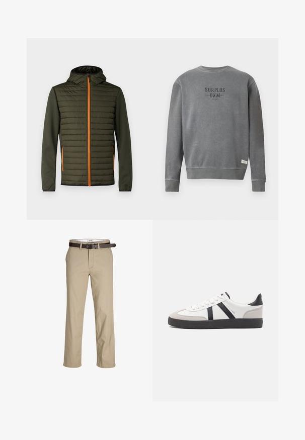 Giacca imbottita verde scuro con zip arancione. Presenta un cappuccio e maniche lisce. Cuciture orizzontali sul pannello del petto per un tocco di texture.; Felpa grigia a maniche lunghe con collo rotondo, con la scritta "SURPLUS DNM" stampata in nero sul petto e un piccolo etichetta bianca vicino all'orlo.; Pantaloni in cotone beige con taglio dritto, dotati di passanti per cintura, una cintura in pelle marrone e un design classico. Texture liscia e resistente.; Sneaker bianco con accenti neri e grigi, dotata di una punta grigia testurizzata, suola in gomma nera e lacci bianchi piatti. Design pulito, stile minimalista.