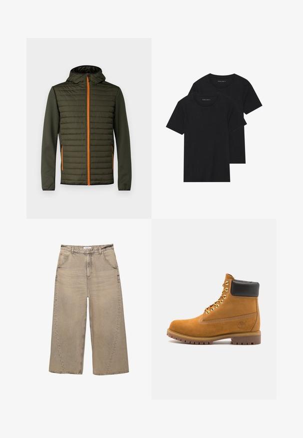 Padded jakna u tamnozelenoj boji s narančastim patentnim zatvaračem. Ima kapuljaču i glatke rukave. Horizontalne šavove na prednjem dijelu za teksturu.; Dvoje crnih pamučnih majica s kratkim rukavima, okruglim izrezom i glatkom teksturom, prikazanih n stacked. ; PULL&BEAR MEGA BAGGY - Vrećaste traperice - light grey; Antracitne antilop čizme do gležnjeva s crnim podstavljenim ovratnikom, zlatnim metalnim rupicama, bijelim šavovima i robusnom gumenom potplatom s izraženim šarama.
