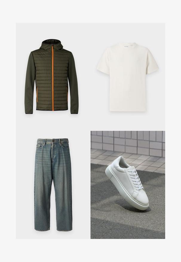 Padded jacket in dark green with an orange zipper. Features a hood and smooth sleeves. Horizontal stitching on the chest panel for texture.; White short-sleeve T-shirt in a ribbed texture. Round neckline, relaxed fit, no visible patterns or accents. Simple and versatile design.; Light blue denim jeans with a loose fit, mid-rise waist, and straight legs. Features five pockets, belt loops, and a button closure.; White leather sneaker with a smooth surface, round toe, and flat white laces. Features a textured rubber sole and minimal design elements.