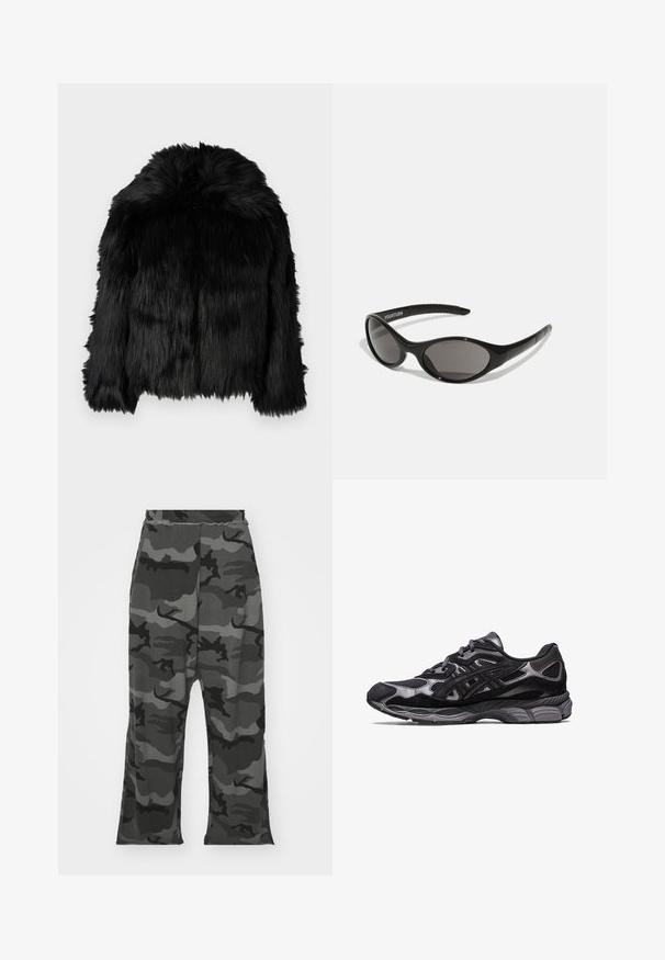 Czarna kurtka z sztucznego futra z zaokrąglonym kołnierzem i nierówną długością. Posiada długą, kudłatą teksturę oraz brak widocznych zapięć.; Czarna bluza z kapturem na zamek błyskawiczny, wykonana z fakturowanej tkaniny, z kieszeniami z przodu i białym nadrukiem graficznym na klatce piersiowej.; Czarna koszulka na ramiączkach wykonana z prążkowanego materiału. Projekt charakteryzuje się szerokimi wycięciami na ramiona i okrągłym dekoltem, z czystym, prostym krojem.; Spodnie dresowe w kamuflażu w odcieniach czerni i szarości, z elastyczną talią, luźnym krojem i niewielkimi rozcięciami na dole nogawek.; Czarny but sportowy z siateczkową i zamszową cholewką, wyróżniający się teksturowanym wzorem oraz solidną, amortyzującą szaro-skalą podeszwą.; Czarne okulary przeciwsłoneczne o owalnym kształcie i ciemnych soczewkach. Smukła plastikowa oprawa z teksturowanymi akcentami na zausznikach. Logo marki po bokach.; Czarna torebka z materiału z zebranym paskiem, dwoma bocznymi zamkami, zapięciem z przodu i gładką fakturą. Kompaktowy owalny kształt z błyszczącymi elementami metalowymi.