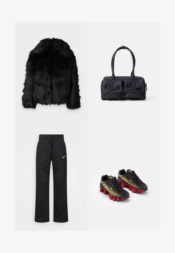 Sort faux fur jakke med en rund krave og ujævnt længde. Har en lang, shaggy tekstur overalt og ingen synlige lukninger.; Sort cropped sweatshirt med høje krave, halv lynlås, ribbede manchetter og et lille hvidt Nike-logo på venstre bryst. Blød stoftekstur.; Sorte sweatpants lavet af en bomuldsblanding, med en snøre i taljen, lige ben og et hvidt Nike-logo på venstre side.; Sorte Nike sneakers med gradient accenter i gul, grøn og rød. Har et karakteristisk tekstureret design og en kraftig rød sål.; Sorte stof håndtaske med to frontlommer med sløjfedetaljer, dobbelte håndtag og lynlåslukning. Blød tekstur og rektangulær form.