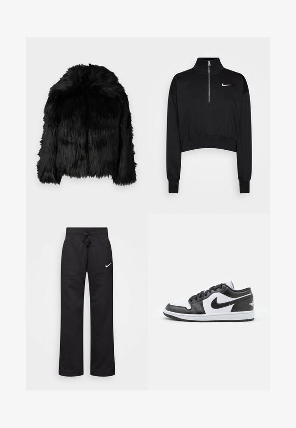 Zwarte nepbontjas met een ronde kraag en ongelijke lengte. Kenmerkt zich door een lange, warrige textuur en heeft geen zichtbare sluitingen.; Zwarte cropped sweatshirt met een hoge kraag, halve rits, geribde manchetten en een klein wit Nike-logo op de linkerkant van de borst. Zachte stoffen textuur.; Zwarte sweatpants van een katoenmix, voorzien van een tailleband met koord, rechte pijpen, en een wit Nike-logo aan de linkerzijde.; Zwart-witte Nike lage sneakers hebben een glad leren bovenwerk, een ronde neus, vetersluiting en een gestippelde rubberen zool.
