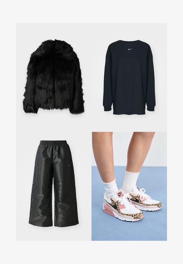 Črna jakna iz umetnega krzna z zaobljenim ovratnikom in neenakomerno dolžino. Ima dolgo, razmršen teksturo po celotni površini in brez vidnih zapiranj.; Črna dolgotrajna majica z dolgimi rokavi iz bombaža z okruglim izrezom. Ima bel Nike logo na prsih. Mehek material, preprost dizajn.; Črne atletske hlače iz sijočega, gladkega blaga, z elastiko v pasu, širokimi nogami in majhnim logotipom na levi strani.; Nike Air Max teniske imajo belo in roza barvno kombinacijo z leopardjimi motivi, mrežastimi in usnjenimi materiali ter značilno gumijasto podplato.