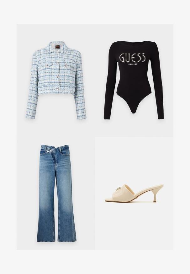 Cropped jacket in light blue tweed with white threading. Features silver buttons and two chest pockets. Textured, structured design.; Black long-sleeve bodysuit with a scoop neckline, featuring "GUESS" in rhinestones and "EST.1981" in white, made from stretch fabric.; Light blue denim flared jeans with a high waist, featuring two buttons and front pockets. Fabric has a faded texture with subtle variations.; Beige patent leather open-toe mule sandal with a low stiletto heel. Features a central decorative accent on the upper. Smooth, glossy finish.