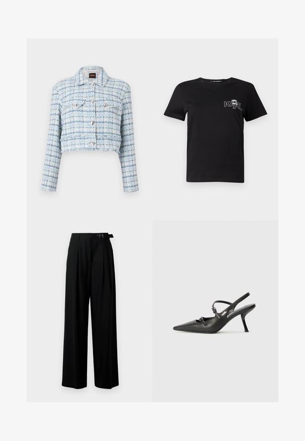 Lühendatud jakk helesinises tweedis valgete niitidega. Omab hõbedasi nuppe ja kahte rinna taskut. Tekstuuritud, struktureeritud disain.; Must ja lühikeste varrukatega T-särk, mis on valmistatud puuvillast. Esiküljel on valge graafika tekstiga "KARL" ning stiliseeritud kuju. Ümar kaelus.; Mustad kõrge vöökohaga mustad laiad püksid, millel on ees voldid ja vöö, millel on pandla. Valmistatud siledast ja kergest kangast.; Must musta slingback kontsad, terava nina, peenike konts ja dekoratiivne pandla detail peal. Sile tekstuur ja stiilne disain.