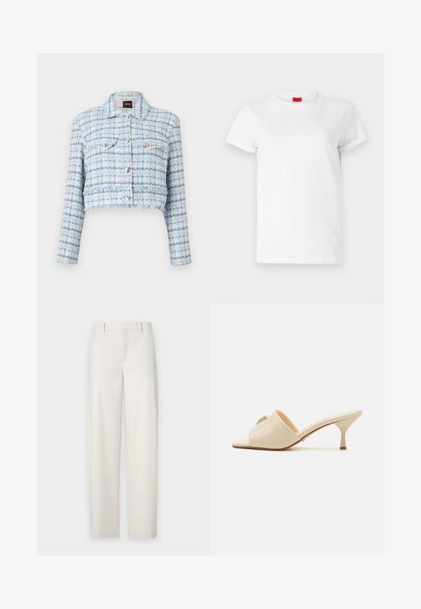 Zkrácená bunda z světle modrého tweedu s bílými vlákny. Obsahuje stříbrné knoflíky a dvě náprsní kapsy. Texturovaný, strukturovaný design.; Bílý tričko s krátkým rukávem vyrobené z lehké bavlny. Má kulatý výstřih a ohrnuté rukávy. Červená nášivka s logem na límci.; Světlobéžové kalhoty vyrobené z hladké látky, s rovnýcm střihem, plochým předním dílem, páskovými smyčkami a bočními kapsami.; Krémové lakované kožené sandály typu mule s otvorenou špičkou a nízkým stiletto podpatkem. Obsahují centrální dekorativní prvek na svršku. Hladký, lesklý povrch.