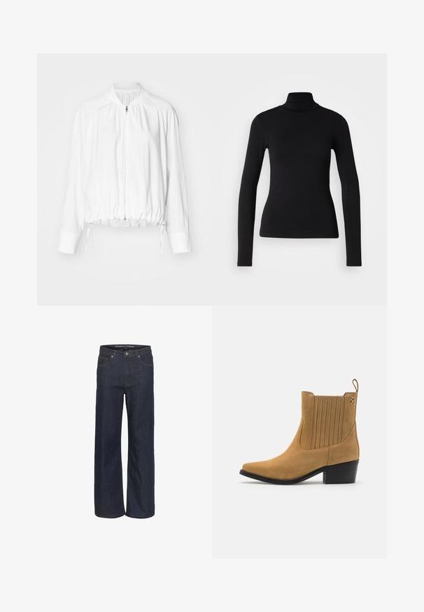 Balta, lengva bomber tipo striukė su užtrauktuku priekyje, elastinga apačia ir rankovėmis. Turtinga pečių сгyna ir reguliuojamos raištelių detalės.; Juodas megztinis su aukštu kaklu, pagamintas iš elastingos medžiagos. Turi ilgomis rankovėmis, prigludusią siluetą ir lygią tekstūrą be raštų ar dekoracijų.; Tamsiai mėlynos džinsinės plačios kelnes su didele juosmeniu, turinčios penkias kišenes, kontrastingą siuvinėjimą ir neapdorotą apačią.; Smėliniai suedinių kulkšninių batų su smailiu padu, raštuotomis šoninėmis plokštelėmis ir juodu blokuota pakulne. Yra kilpa, skirta lengvam užsimovimui.