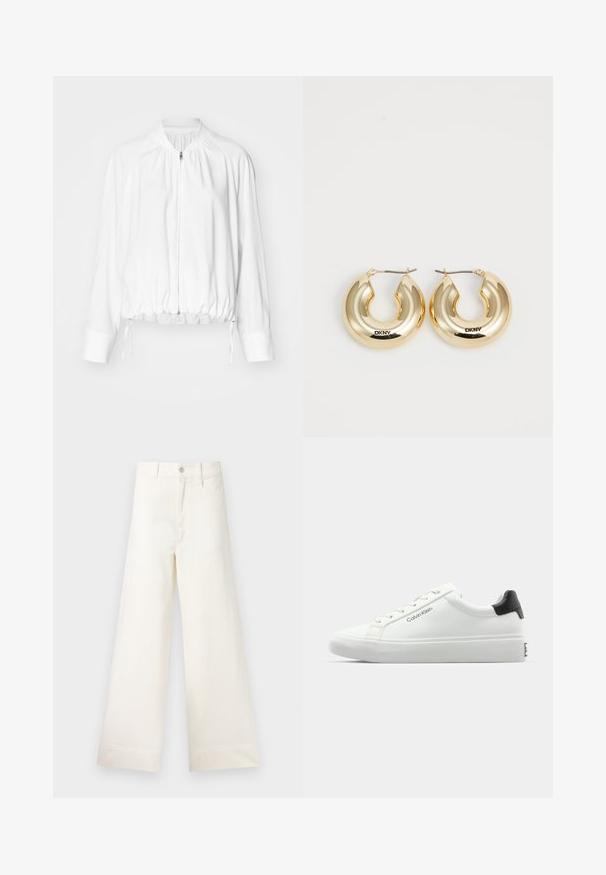 Fehér, könnyű bomber dzseki, elöl zipzárral, rugalmas aljjal és mandzsettákkal. A vállaknál összefogott kialakítás és állítható húzózsinórok is jellemzik.; Fekete, rövid ujjú felső, sima anyagból készült. Kerek nyakkivágással és redőzött részletekkel a vállon. Egyszerű, szoros fazon.; Világos bézs pamut széles lábú nadrág. Magas derék, elülső zsebek és egyenes vonalú fazon jellemzi. Tiszta, mintázat nélküli hem befejezés.; Fehér sneaker sima felülettel, fekete sarok akcentussal és fűzős dizájnnal. Oldalán "Calvin Klein" márkázás található. Minimalista stílus.; Arany fülbevalók sima, lekerekített kialakítással és fényes felülettel, biztosító kapoccsal. "DKNY" felirattal gravírozva.