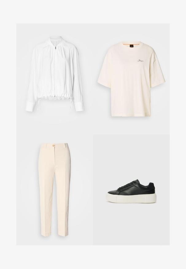 Hvid, let bomberjakke med zip foran, elastisk bund og manchetter. Har et samlet design ved skuldrene og justerbare snore.; Hvid oversized T-shirt lavet af blødt stof, med rund hals og korte ærmer, prydet med et lille sort "Boss" logo på forsiden.; Cremefarvede, højtaljede bukser lavet af tekstureret stof. Har en lukning med knap foran og tætsiddende ben.; Sort lædersneaker med rund tå, hvid platformssål og sorte snørebånd. Har et diskret logo på hælen og en glat overflade.