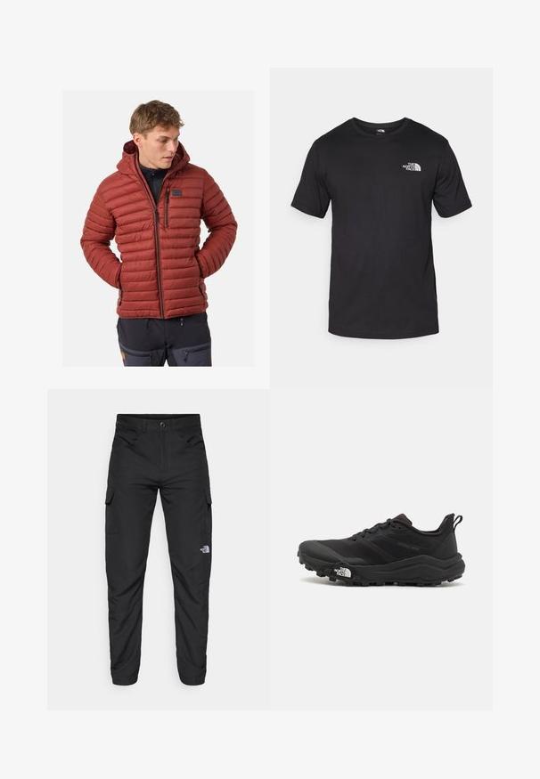 Donkerrood-bruine pufferjack met horizontale quilt-stiksels, capuchon, ritszakken en een klein logo op de borst. Zacht, geïsoleerd materiaal.; Zwarte T-shirt met korte mouwen van katoen, voorzien van een ronde halslijn en een klein wit logo op de bovenste linkerkant van de borst.; The North Face HORIZON PANT - Outdoorbroeken - black; Zwarte trailrunning schoen met een gestructureerde bovenkant, rubberen zool en versterkte neus. Voorzien van een gevoerde kraag en een trekhaak voor eenvoudig aan- en uittrekken.