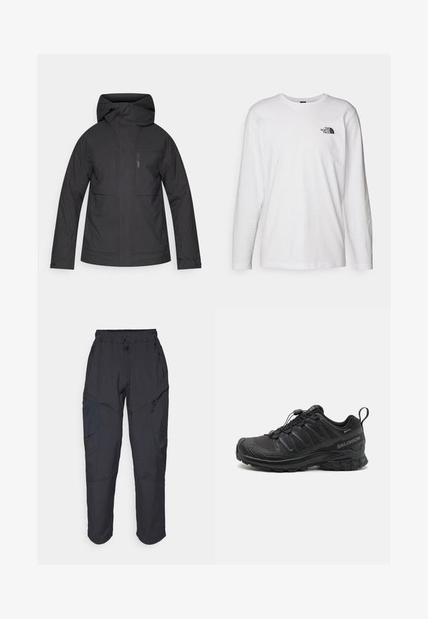 Veste imperméable noire avec capuche, dotée de deux grandes poches avant, d'une fermeture éclair et de poignets ajustables pour un ajustement confortable.; T-shirt blanc à manches longues en coton avec un col rond. Présente un petit logo noir sur la poitrine. Texture lisse, coupe régulière.; Pantalons cargo noirs en matériau léger et résistant à l'eau ; dotés d'une taille élastique, de plusieurs poches zippées et de jambes fuselées.; Chaussure de sport noire avec une tige synthétique texturée, une semelle rembourrée et un système de laçage rapide. Elle présente un bout et un talon renforcés.