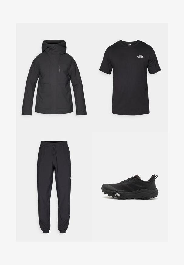 Schwarze wasserdichte Jacke mit Kapuze, ausgestattet mit zwei großen Fronttaschen, einem Reißverschluss und verstellbaren Bündchen für eine enge Passform.; Schwarzes T-Shirt mit kurzen Ärmeln aus Baumwolle, mit einem runden Ausschnitt und einem kleinen weißen Logo auf der oberen linken Brust.; Schwarze Sporthosen aus leichtem Stoff, mit einem Kordelzugbund, seitlichen Taschen und schmal zulaufenden Bündchen an den Knöcheln.; Schwarzer Trailrunning-Schuh mit strukturiertem Obermaterial, Gummisohle und verstärkter Zehenkappe. Verfügt über einen gepolsterten Kragen und eine Ziehlasche für einfaches Anziehen.