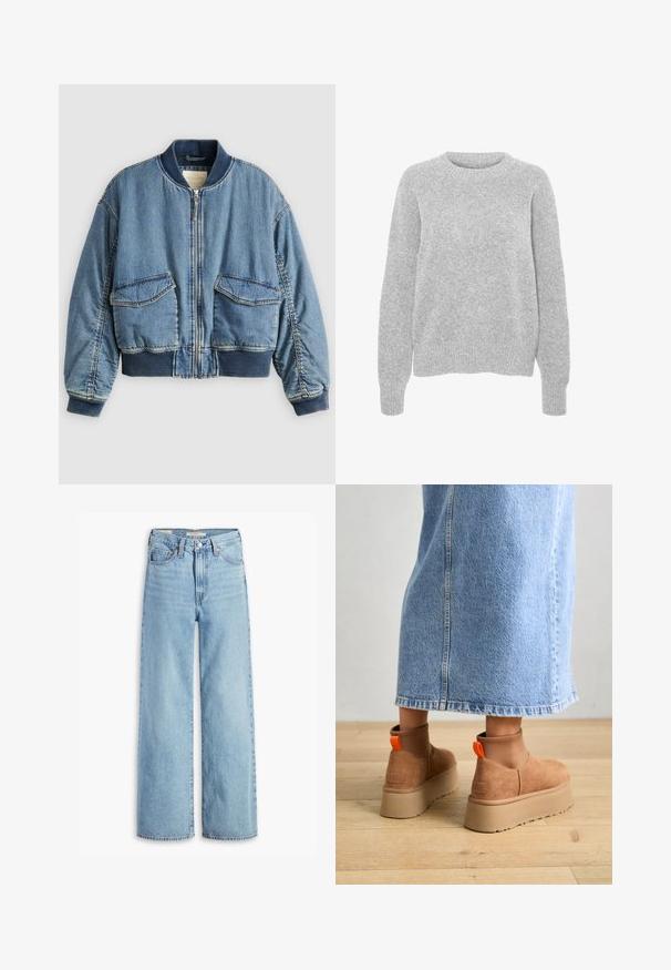 Chaqueta bomber de mezclilla en azul claro con puños y cuello acanalados. Cuenta con dos bolsillos delanteros de parche y cierre con cremallera. Tela de mezclilla texturizada.; Suéter gris de punto con mangas largas, cuello redondo, puños y dobladillo acanalados, que presenta una textura suave y un corte relajado.; Jeans de pierna ancha de talle alto, de un azul claro, con botón y cremallera en el frente, lazos para cinturón y estilo de cinco bolsillos.; Botas de plataforma de ante marrón con paneles laterales elásticos y tiradores naranjas, combinadas con una falda de mezclilla ligera hasta la rodilla sobre un suelo de madera.