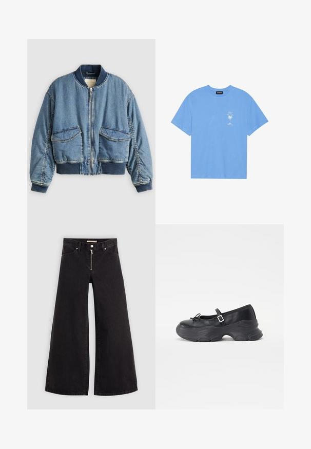 Denim bomberjakke i lyseblå med ribstrikkede manchetter og krave. Har to frontlommer med lapper og lynlåslukning. Tekstureret denimstof.; Lyseblå bomulds t-shirt med rund halsudskæring. Har en hvid grafik af et palmetræ og tekst på venstre brystområde. Korte ærmer.; Vide ben jeans i sort denim med lynlås foran, fem lomme-design og subtile stikninger. Glat tekstur og afslappet stil.; Sorte læder Mary Jane-sko med rund tå, sløjfedetalje og justerbar ankelrem. Har en robust gummisål med buede accenter.