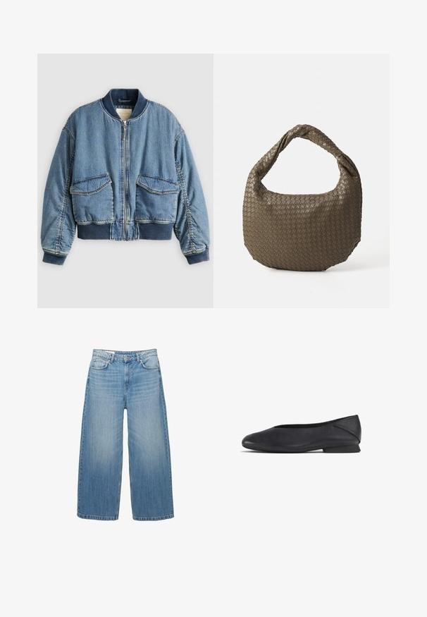 Denim bomberjakke i lyseblå med ribstrikkede manchetter og krave. Har to frontlommer med lapper og lynlåslukning. Tekstureret denimstof.; Sort og hvid stribet langærmet skjorte med rund halsudskæring. Blødt stof, afslappet pasform og kontrasterende halsudskæringsdetaljer.; Lys blå brede jeans lavet af denim, med et klassisk fem-lomme design og en knaplukning. Har en falmet struktur over det hele.; Sorte læder flade sko med rund tå og lav hæl, designet til både casual og formelt brug.; Vevet olivengrøn håndtaske med en rund form og et snoet håndtag. Den teksturerede overflade har et diagonalt mønster. Lynlåslukning.