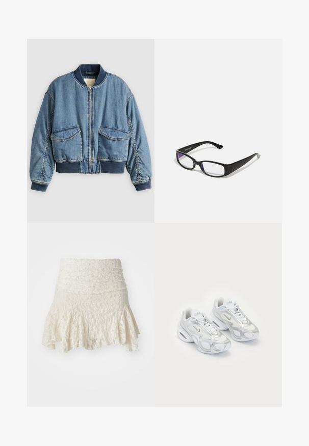 Ljusblå bomberjacka i denim med ribbstickade muddar och krage. Har två framfickor med ficklock och dragkedja framtill. Texturerad denimtyg.; Vit t-shirt som är gjord av mjukt, lätt tyg. Har en rund halsringning och korta, vida ärmar med en avslappnad passform. Inga synliga mönster.; Spetskjol i krämfärg, med en slimmad midja och utsvängd nederdel. Texturerat blommönster genom hela plagget, med en lagerdesign längst ner.; Vita sportskor med en ovandel i mesh och silverdetaljer, en unik form och luftdämpning i hälen. Snörningsdesign med logotyp.; Svart rektangulära glasögon med klara glas. Glossy yta, smala bågar och lila nyans synlig vid kanterna av glasen.