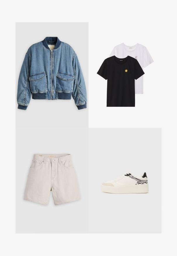 Blusão bomber em ganga azul-claro com punhos e gola canelados. Apresenta dois bolsos frontais de remendo e fecho de correr. Tecido de ganga texturado.; T-shirts preto e branco, de decote redondo e mangas curtas. A camisa preta apresenta um bordado de sol amarelo; a branca tem um detalhe de lua crescente roxa.; Shorts de denim bege de cintura alta com fecho de botão à frente, passadores para cinto e design de cinco bolsos; leve com uma textura suave.; Even&Odd Sapatilhas - white/black