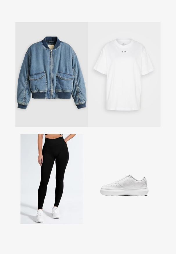 Chaqueta bomber de mezclilla en azul claro con puños y cuello acanalados. Cuenta con dos bolsillos delanteros de parche y cierre con cremallera. Tela de mezclilla texturizada.; Camiseta blanca de algodón con cuello redondo, mangas cortas y un logotipo de Nike en negro impreso en el centro del pecho. Diseño simple y clásico.; Leggings negros con una cintura alta, elaborados con una tela suave y elástica. El diseño presenta una silueta ajustada sin patrones ni acentos visibles.; Zapatillas blancas con parte superior de cuero liso, puntera redonda, detalles perforados y suela de goma blanca gruesa. Presenta el logotipo en el lateral y cordones planos.
