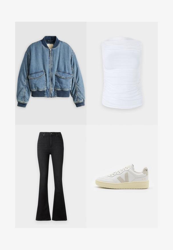 Világoskék farmer bomber dzseki bordás mandzsettákkal és gallérral. Két elülső foltzsebbel és cipzáras záródással rendelkezik. Texturált farmer anyagból.; Fehér, ujjatlan felső sima, rugalmas anyagból, az oldalakon redőzött részletekkel, kerek nyakkivágással és fitted sziluettel.; Fekete, trapéz fazonú farmernadrág, magas derékkal, elülső zsebekkel és klasszikus, öt zsebes kialakítással, fémből készült gombokkal.; Fehér bőr sneaker bézs velúr részletekkel, perforált orr résszel, lapos fűzőkkel és textúrált krémszínű talppal. Finom márkajelzés található a sarkán.